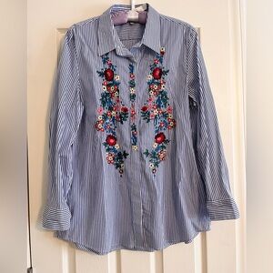 Paraphrase Striped Floral Embroidered Button Down Shirt Women Size XL